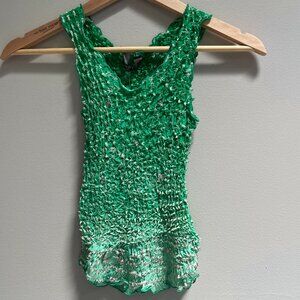 Chaudry Pebble Smocked Tank Green Ombre Boho Retro Y2K Beaded V Neck New Small‎
